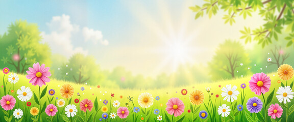 Colorful wildflowers in sunny spring meadow illustration