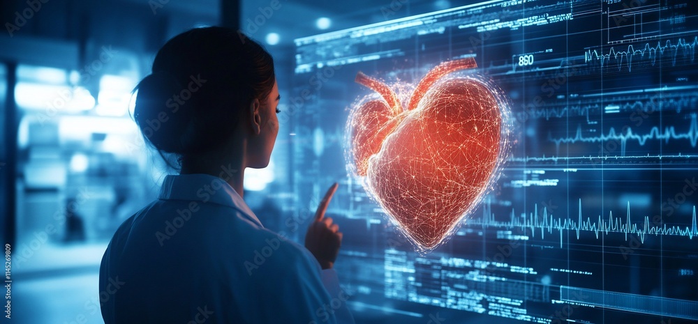 Poster a scientist interacts with a digital heart model and health data display.