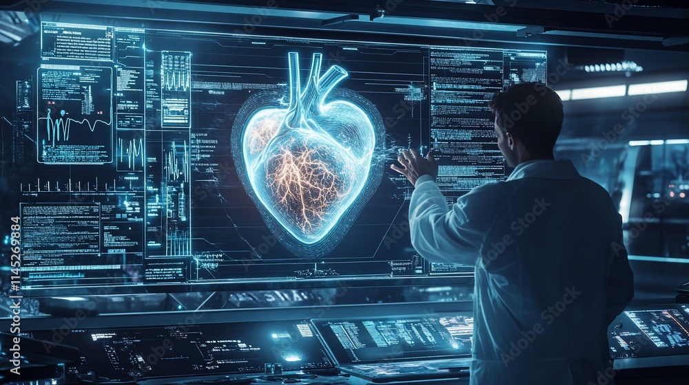 Poster a scientist interacts with a holographic heart model in a futuristic lab.