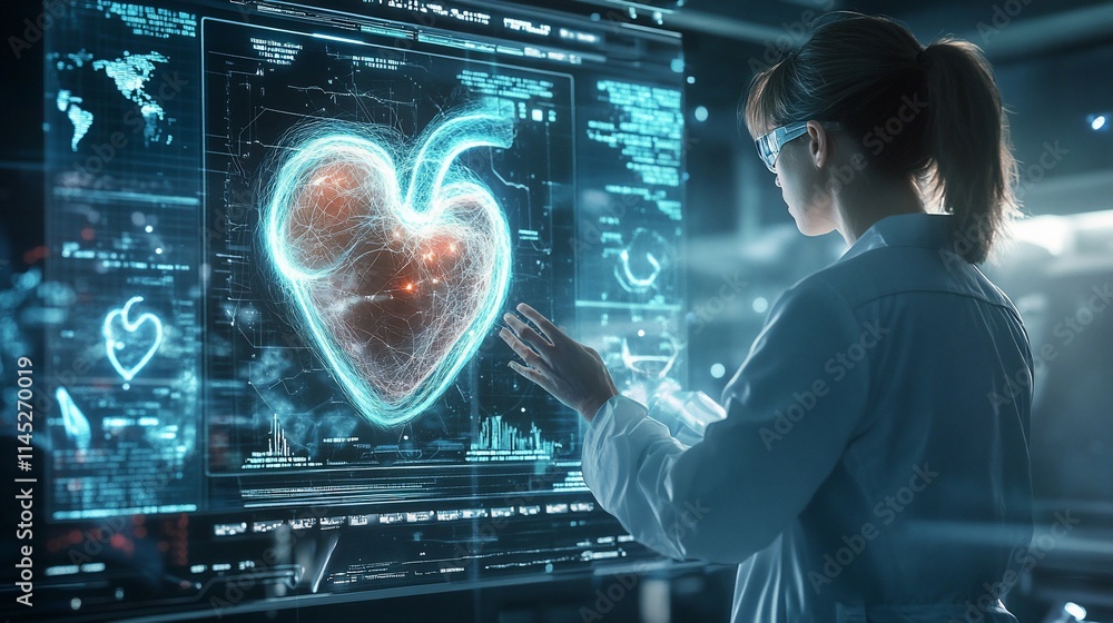 Poster a scientist interacts with a holographic heart display in a futuristic lab.