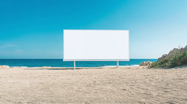 Large wide horizontal white blank billboard sign for advertisements on the sand beach, sea in the background. business poster commercial board outdoors, marketing frame mockup for promotion.