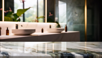 Empty marble table top in blurred modern bathroom background