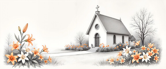 Easter church with orange lilies in monochrome landscape