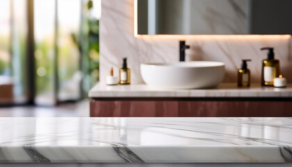 Fototapeta premium Empty marble table top showing modern bathroom interior design in background