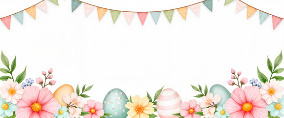 Easter eggs and flowers with colorful bunting banner