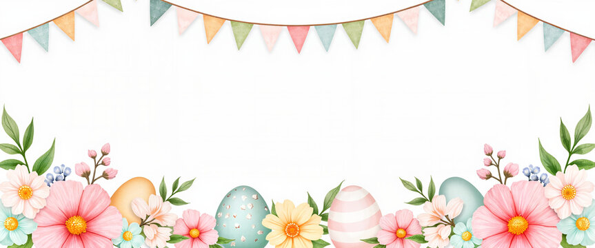 Easter eggs and flowers with colorful bunting banner