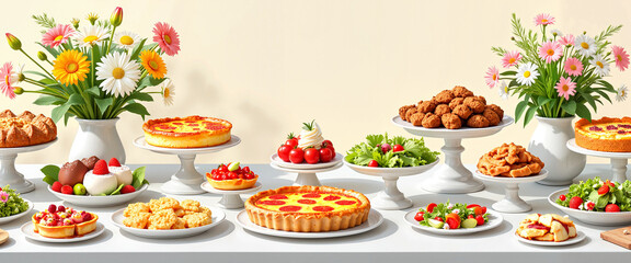 Easter feast with quiche, salads, and desserts on white table