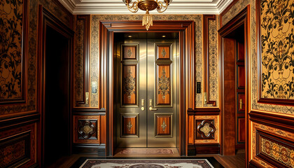 Antique style, hall and doors of a classic elevator in an old-fashioned hotel or palace, vibrant, with white tones