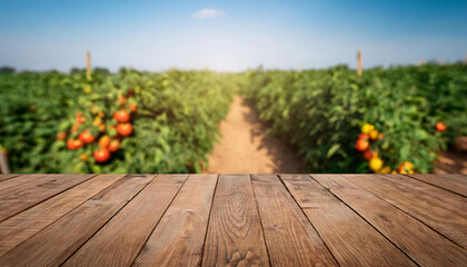 Empty wooden table with blurred tomato field background for product placement