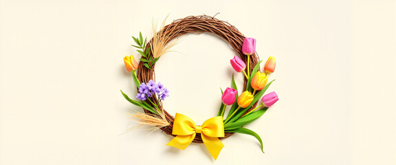 Spring wreath with tulips and yellow bow on beige background