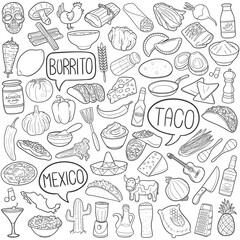 Bundle Taco and Burrito Mexican Food Doodle Line Art Illustration. Hand Drawn Vector Clip Art.