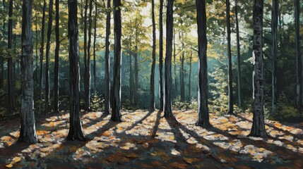 Obraz premium Imagen de un bosque con árboles y luz natural en el suelo.