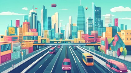 Fototapeta premium transportation infographic flat design top view futuristic cityscape cartoon drawing vivid