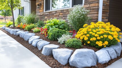 Garden Blooms. Colorful garden flowers beside stone border in front ya