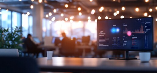 Office workspace with a monitor displaying data analytics.