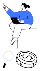 Woman working on laptop and pointing upwards. Magnifying glass and coin illustrate financial exploration and growth. Ideal for finance, business development, startup guidance, financial analysis