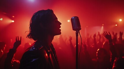 A singer performs on stage before an energetic crowd in vibrant lighting.