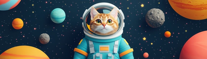 A playful cat dressed as an astronaut exploring a colorful outer space with planets and stars in the background.