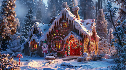 whimsical gingerbread house adorned with candy decorations, surrounded by snowy forest. festive atmosphere evokes sense of holiday cheer and magic