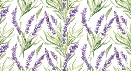 Delicate purple lavender floral watercolor pattern with green leaves. Seamless botanical design.