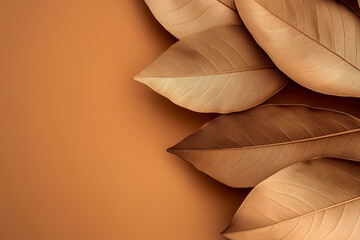 Obraz premium Dry leaves background with copy space, Pantone color palette 17-1230 Mocha Mousse Color