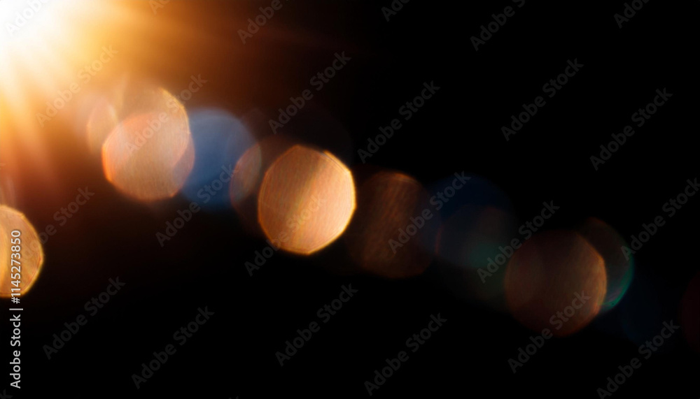 Poster abstract blurred colorful lens flare bokeh on black isolated background for overlay blending
