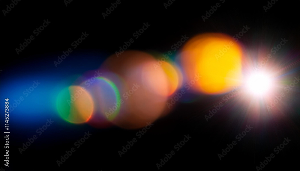 Poster abstract blurred colorful lens flare bokeh on black isolated background for overlay blending