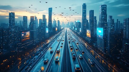 Fototapeta premium Futuristic city highway at sunset with drones and digital billboards.