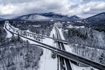 Aerial view interstate 93 and route 112 in winter 
-Lincoln, New Hampshire 