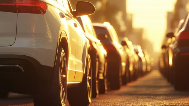 Carros estacionados en una ciudad al atardecer