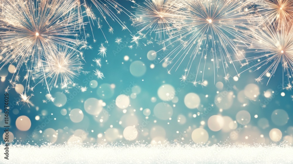 Poster sparkling fireworks display over snowy ground with bokeh lights.