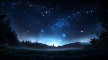 Naklejka premium Night sky filled with stars over a tranquil forest landscape at twilight
