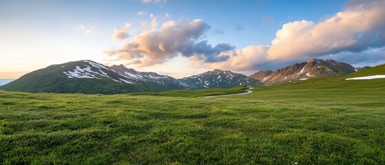 Fototapeta premium Majestic mountain range at sunset over grassy valley.