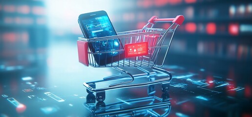 A smartphone in a shopping cart, symbolizing online shopping and technology.