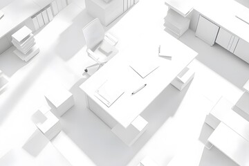Minimalist white office interior with desk, chair, and documents.