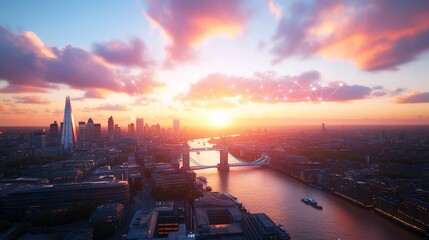 London cityscape sunset with network connections.
