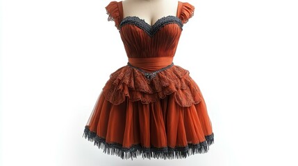Vintage Dress. Elegant rust orange dress with black lace feminine cock