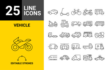 Set of 25 vehicle icons, police, firetruck, ambulance, in Vector Format.