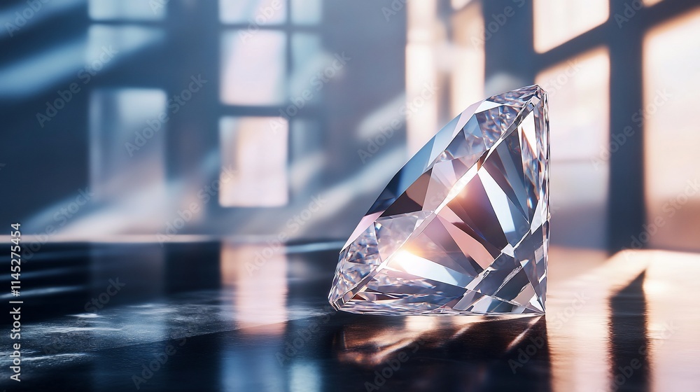 Poster a sparkling diamond on a reflective surface, illuminated by soft light.
