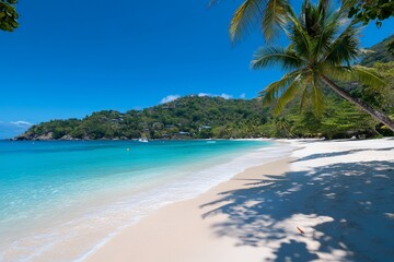 Idyllic tropical beach with palm trees, turquoise water, and white sand.
