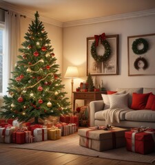 Cozy living room, decorated Christmas tree, presents under tree, family, warm, presents