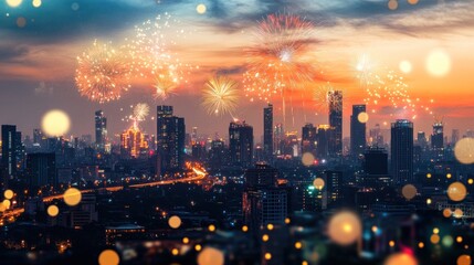 Obraz premium Vibrant fireworks explode over a city skyline at night.