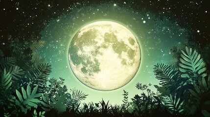 Fototapeta premium Full moon glowing over lush jungle at night.
