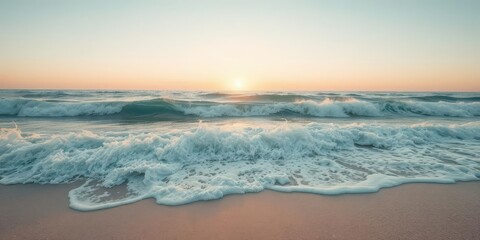 Deep blue ocean waves crashing on a sandy shore at sunset, stormy,peaceful