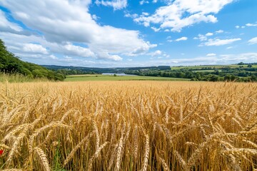 Golden wheat field under a bright blue sky with fluffy clouds.