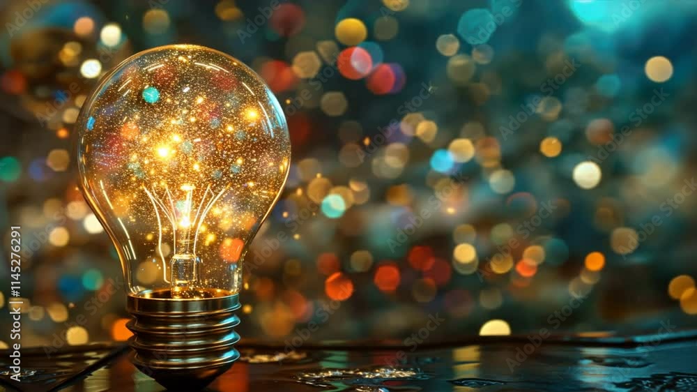 Poster glowing light bulb magical atmosphere of sparkling colors and illumination with blurred background a
