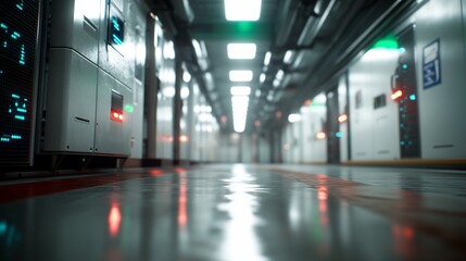 Obraz premium Futuristic server room corridor with glowing panels and reflective floor.