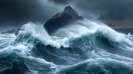 Obraz premium A stormy coast with waves breaking on the cliffs