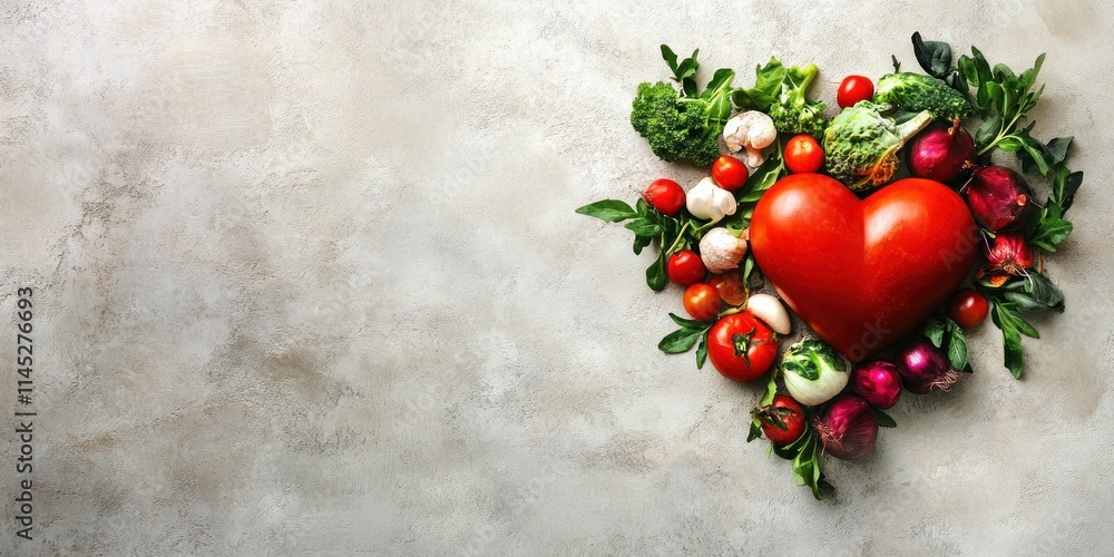 Aufkleber a colorful heart-shaped design composed of various vegetables is arranged beautifully on a soft ligh