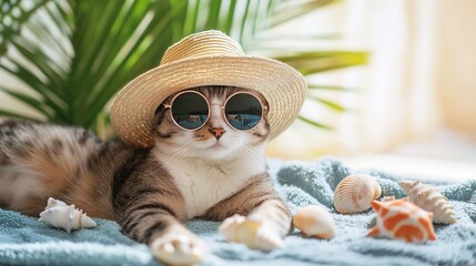 A stylish cat in sunglasses and a straw hat, surrounded by seashells and greenery.